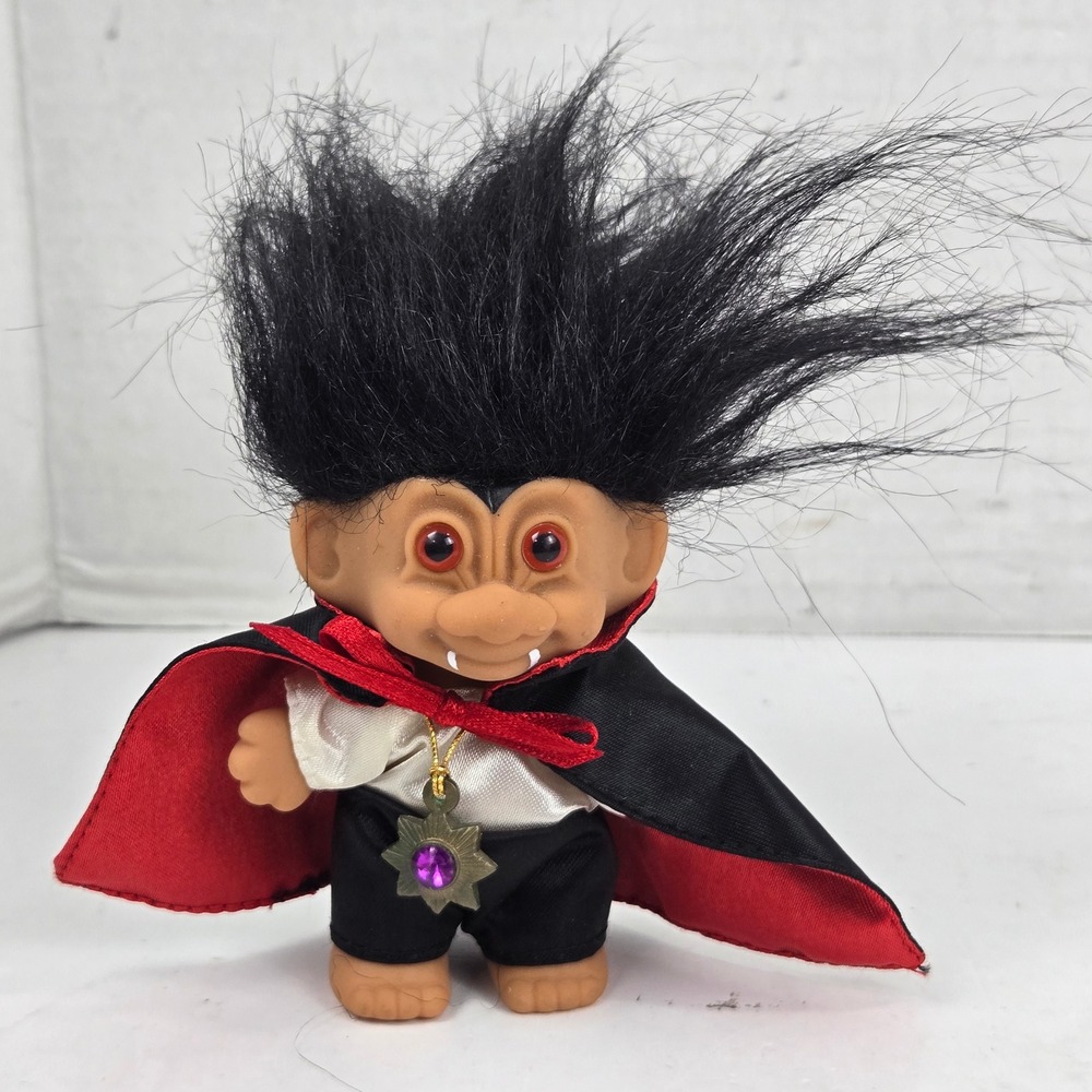 Vtg Russ Berrie Dracula Vampire 3" Troll Doll Halloween Sticker & Medallion Mint